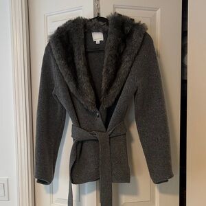 Anthropologie Gray Teddy Jacket with Faux Fur Collar